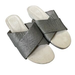 Eileen Fisher Pewter Leather Crossover Slide Sandals